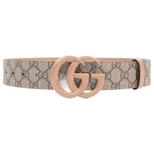 Gucci GG Supreme Monogram Plutone Calfskin Enamel Double G Belt Beige Ebony Pink